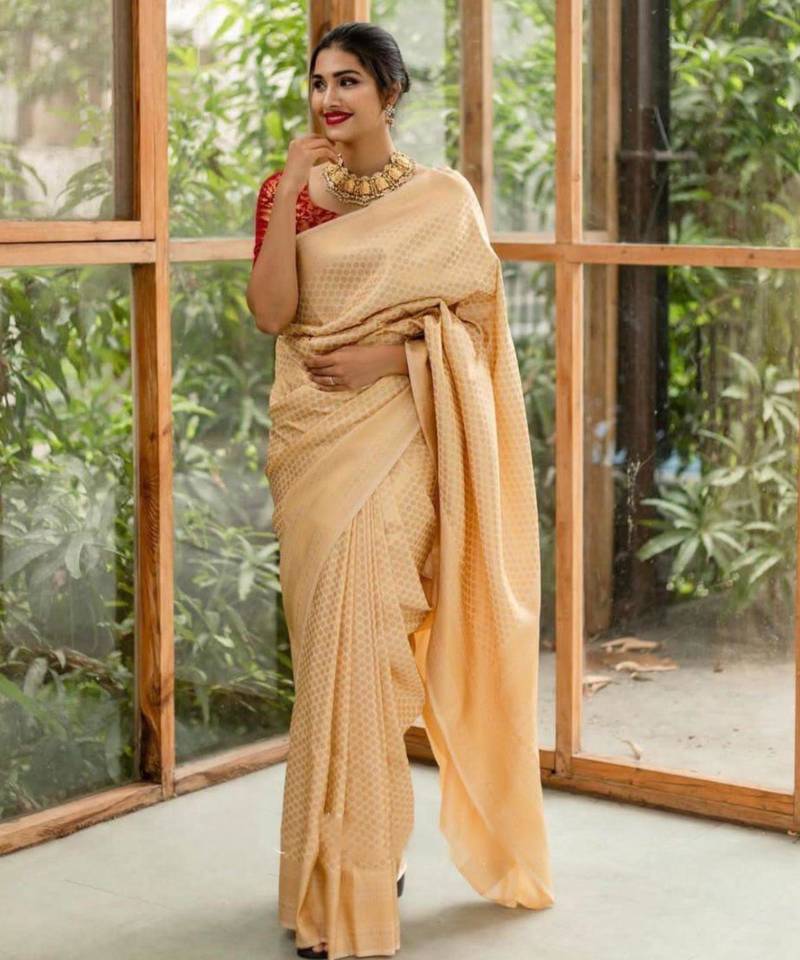Cream silk blend banarasi silk woven saree