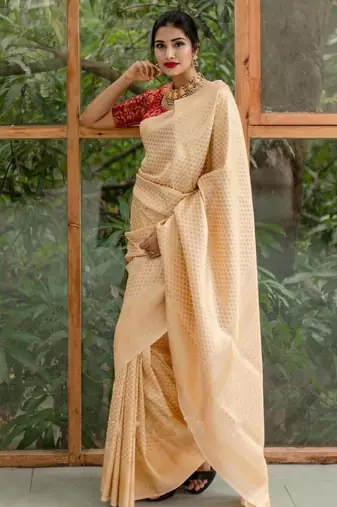 Cream silk blend banarasi silk woven saree