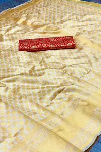 Cream silk blend banarasi silk woven saree