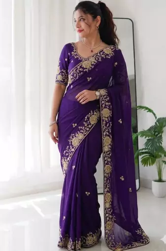 Purple silk blend thread work embroidered saree