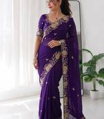 Purple silk blend thread work embroidered saree