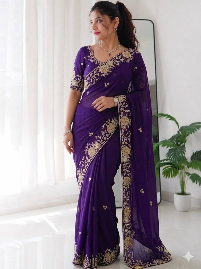 Purple silk blend thread work embroidered saree