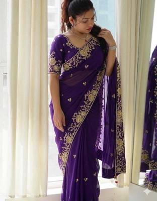 Purple silk blend thread work embroidered saree 2