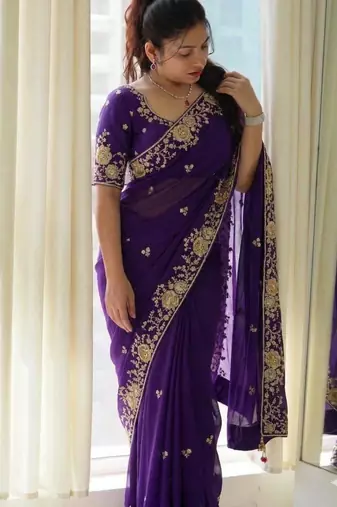 Purple silk blend thread work embroidered saree