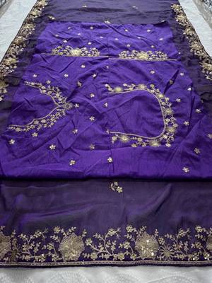 Purple silk blend thread work embroidered saree 4
