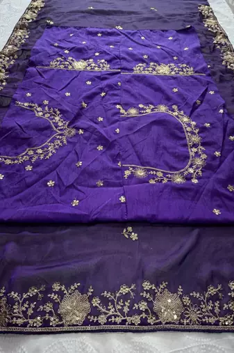 Purple silk blend thread work embroidered saree