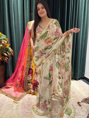 Cream silk blend floral print printed saree 1