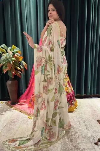 Cream silk blend floral print printed saree