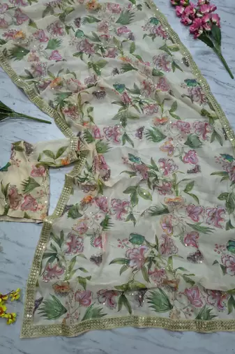 Cream silk blend floral print printed saree