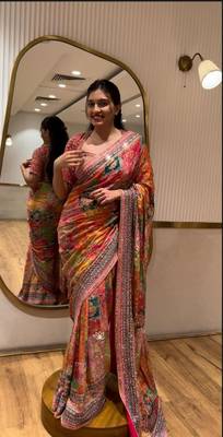 Multicolor silk blend mirror work embroidered saree 1