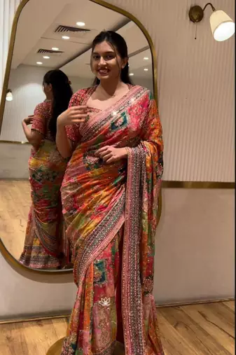 Multicolor silk blend mirror work embroidered saree