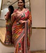 Multicolor silk blend mirror work embroidered saree