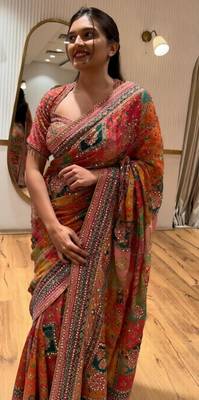 Multicolor silk blend mirror work embroidered saree 2