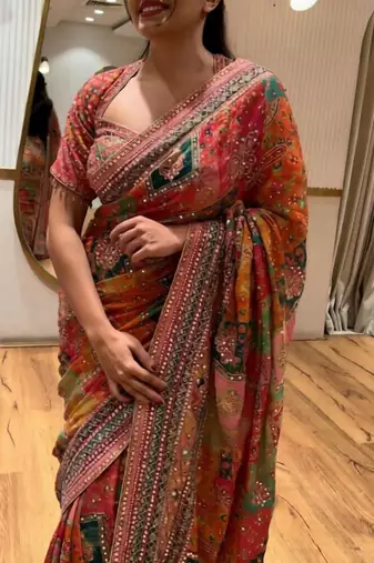 Multicolor silk blend mirror work embroidered saree