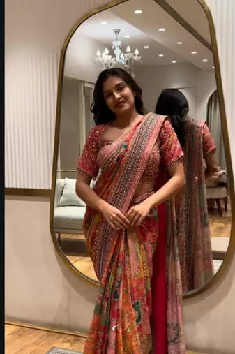 Multicolor silk blend mirror work embroidered saree