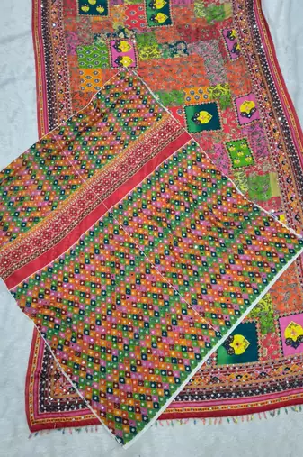 Multicolor silk blend mirror work embroidered saree