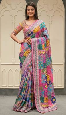 Multicolor silk blend mirror work embroidered saree 1