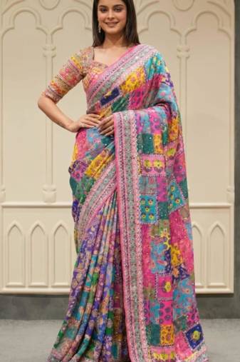 Multicolor silk blend mirror work embroidered saree