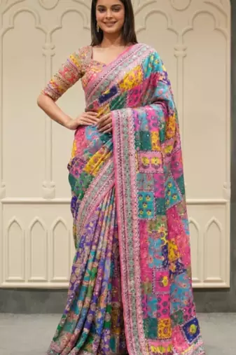 Multicolor silk blend mirror work embroidered saree