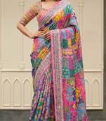 Multicolor silk blend mirror work embroidered saree