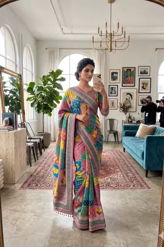 Multicolor silk blend mirror work embroidered saree