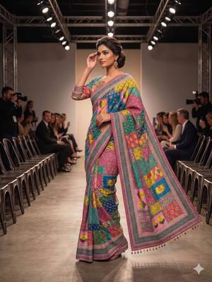 Multicolor silk blend mirror work embroidered saree 3
