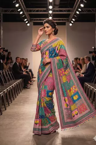 Multicolor silk blend mirror work embroidered saree