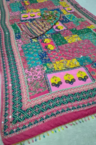 Multicolor silk blend mirror work embroidered saree