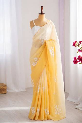 Yellow silk blend sequins work embroidered saree