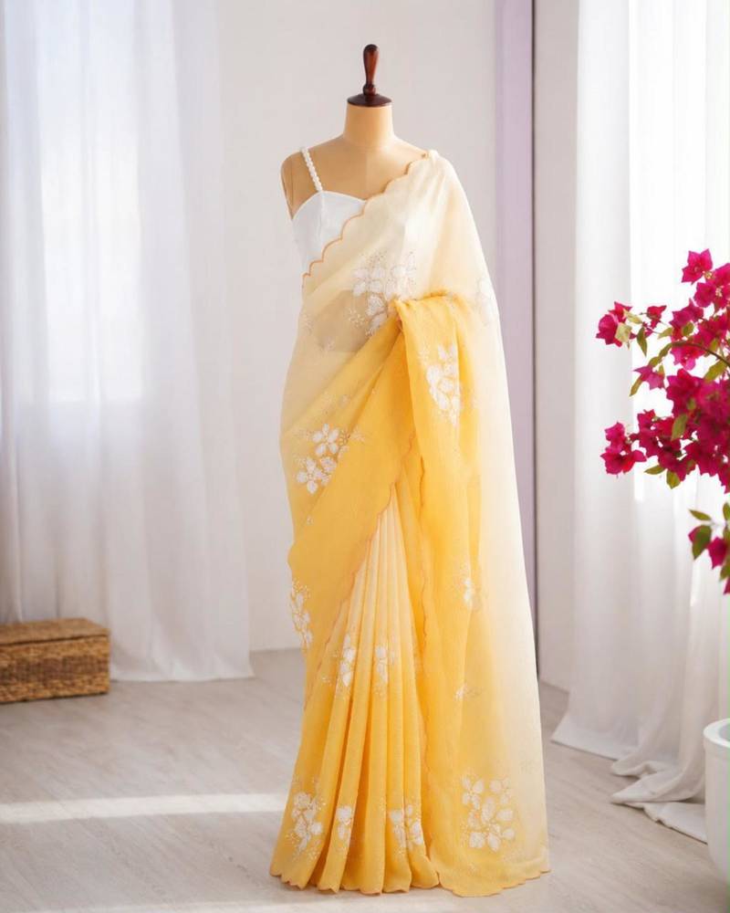 Yellow silk blend sequins work embroidered saree