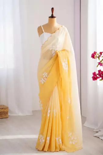 Yellow silk blend sequins work embroidered saree