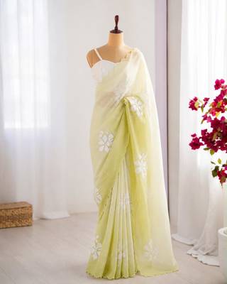 Light green silk blend sequins work embroidered saree 1