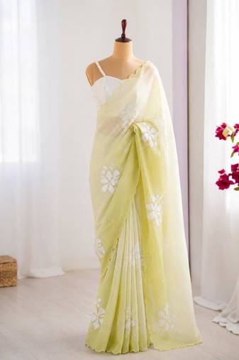 Light green silk blend sequins work embroidered saree