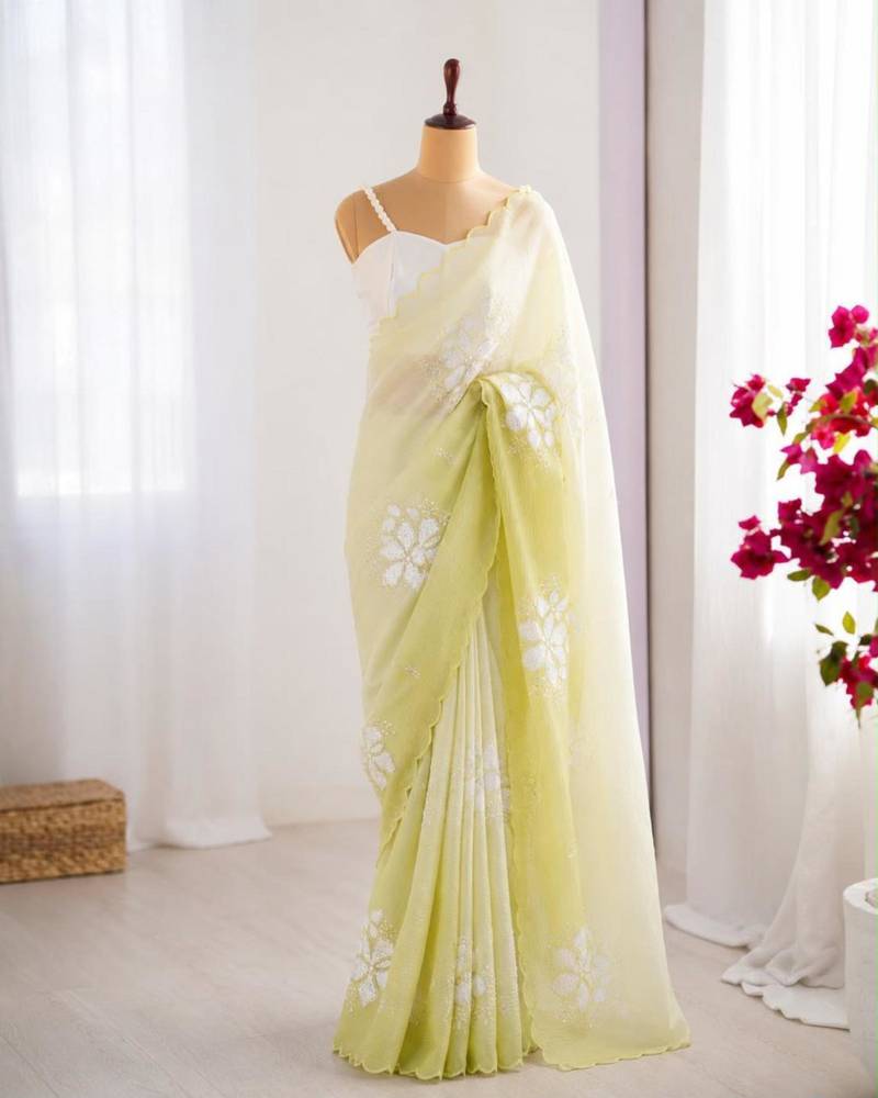 Light green silk blend sequins work embroidered saree
