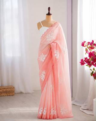 Light pink silk blend sequins work embroidered saree 1