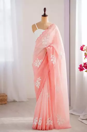 Light pink silk blend sequins work embroidered saree