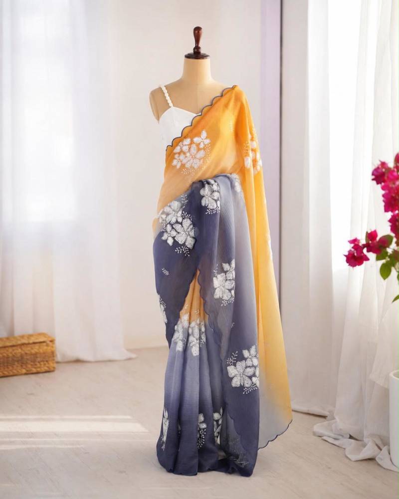 Multicolor silk blend sequins work embroidered saree
