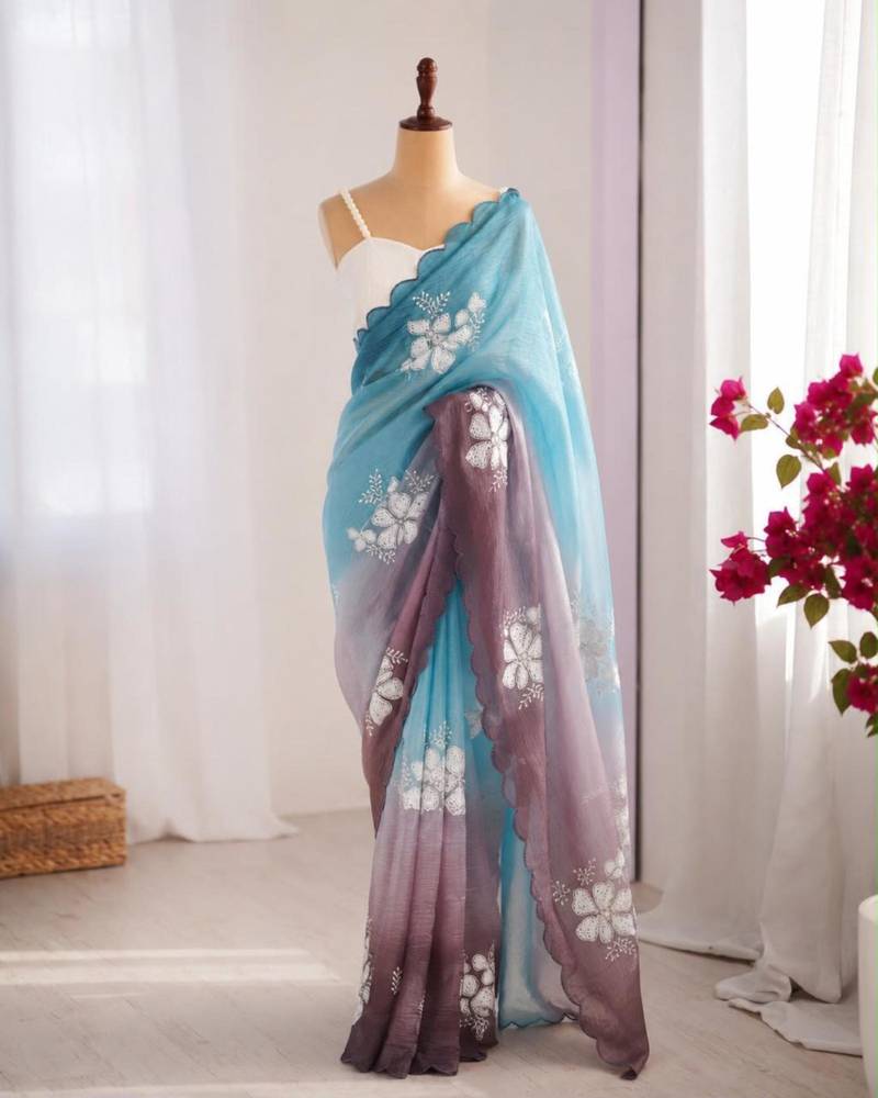 Multicolor silk blend sequins work embroidered saree