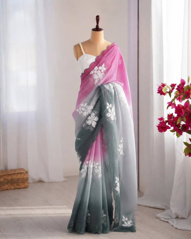 Multicolor silk blend sequins work embroidered saree