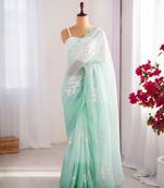Light green silk blend sequins work embroidered saree