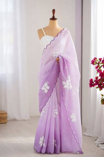Light lavender silk blend sequins work embroidered saree