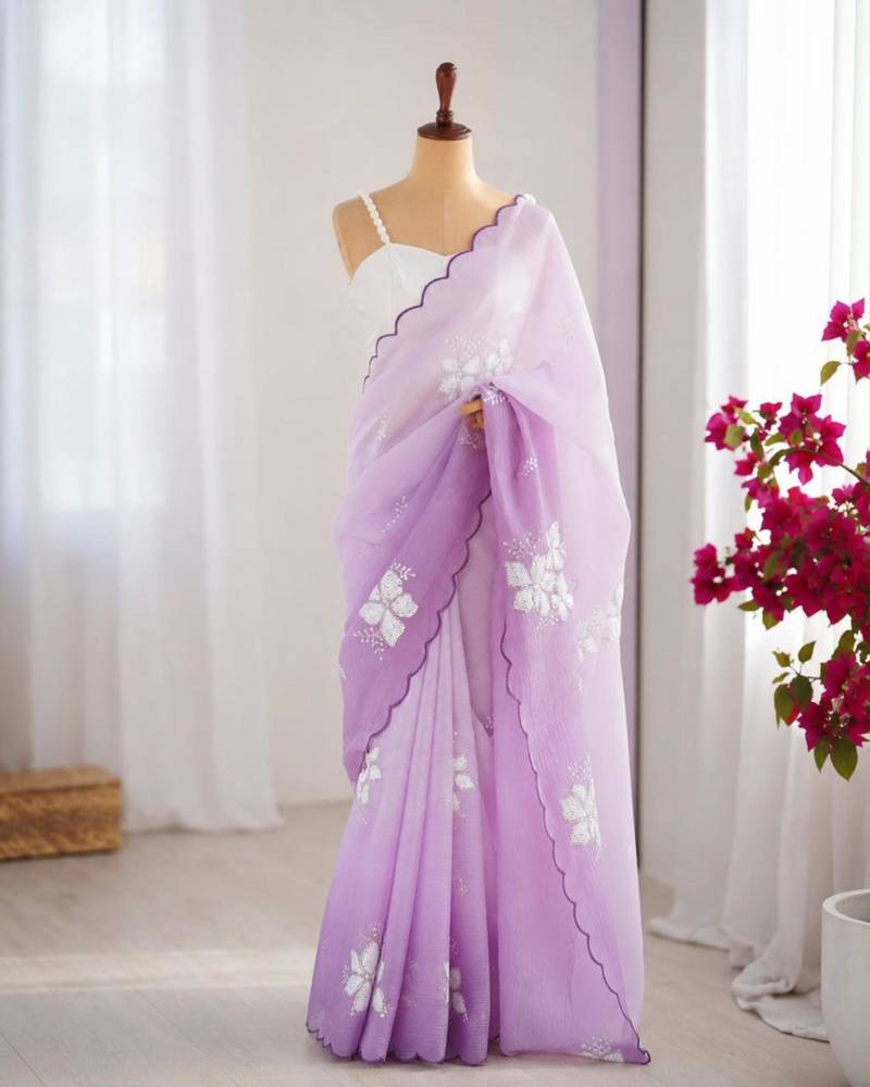 Light lavender silk blend sequins work embroidered saree