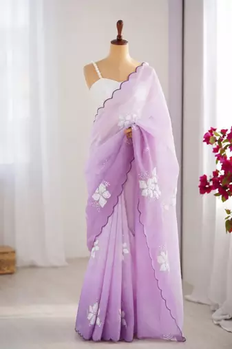 Light lavender silk blend sequins work embroidered saree
