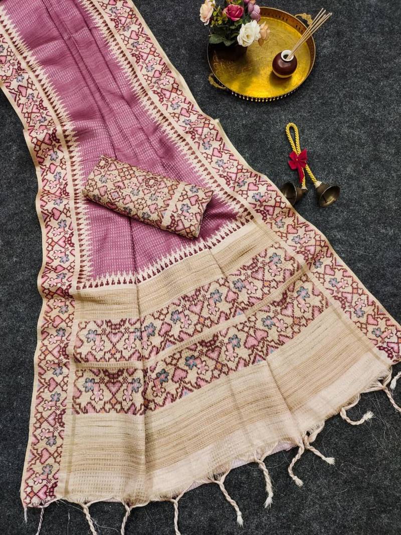 Onion pink silk blend patola silk printed saree