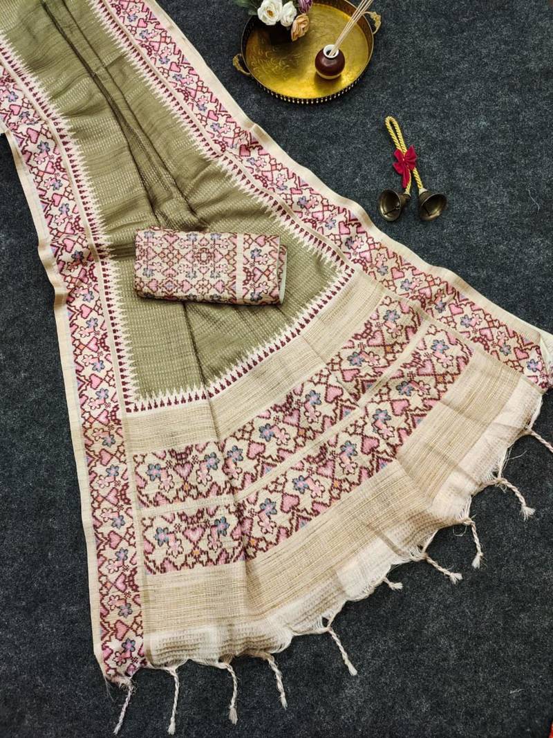 Olive silk blend patola silk printed saree