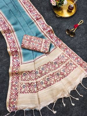 Teal silk blend patola silk printed saree 1
