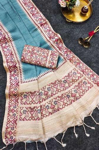 Teal silk blend patola silk printed saree