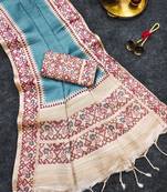 Teal silk blend patola silk printed saree