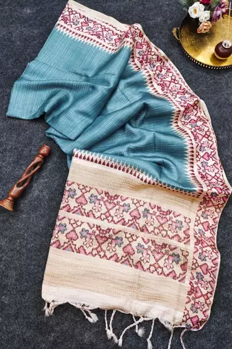Teal silk blend patola silk printed saree