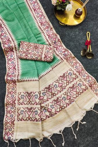 Green silk blend patola silk printed saree